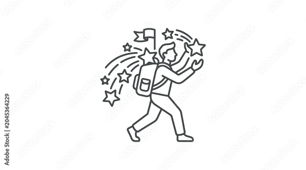 Obraz premium Person hiking with a backpack following a star trail.