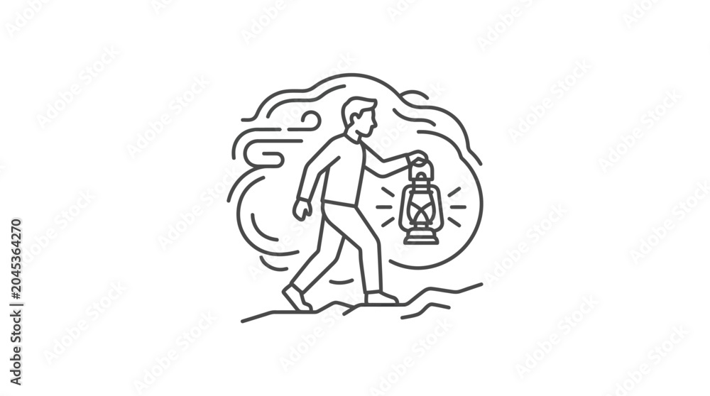 Obraz premium Man walking with lantern through clouds and mist.