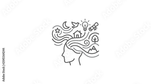 Schilderij op canvas Woman head with imaginative thought swirl and symbols icon.