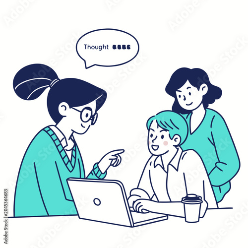 Team collaborating on laptop project discussion with manager providing guidance and feedback in office setting with colleagues and discussion bubble
