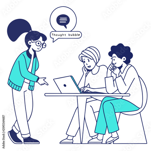 Team collaborating on laptop working on project brainstorming ideas in modern office with speech bubble for communication and teamwork concept