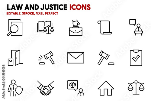 Law and Justice Line Icons Set Legal Authority Court Editable Stroke