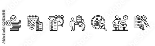 Time Management icon set includes Prioritization, Scheduling, Deadlines, Task Delegation, Progress Tracking, Breaks, and Goal Setting for optimal productivity.