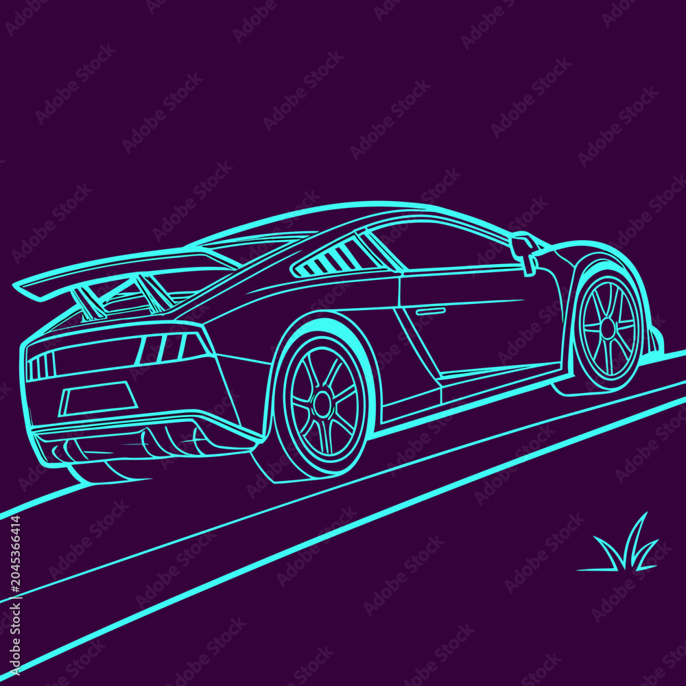 Naklejka premium Cyan neon outline of powerful sports car speeding on abstract road against deep purple background, dynamic rear view illustration of racing vehicle