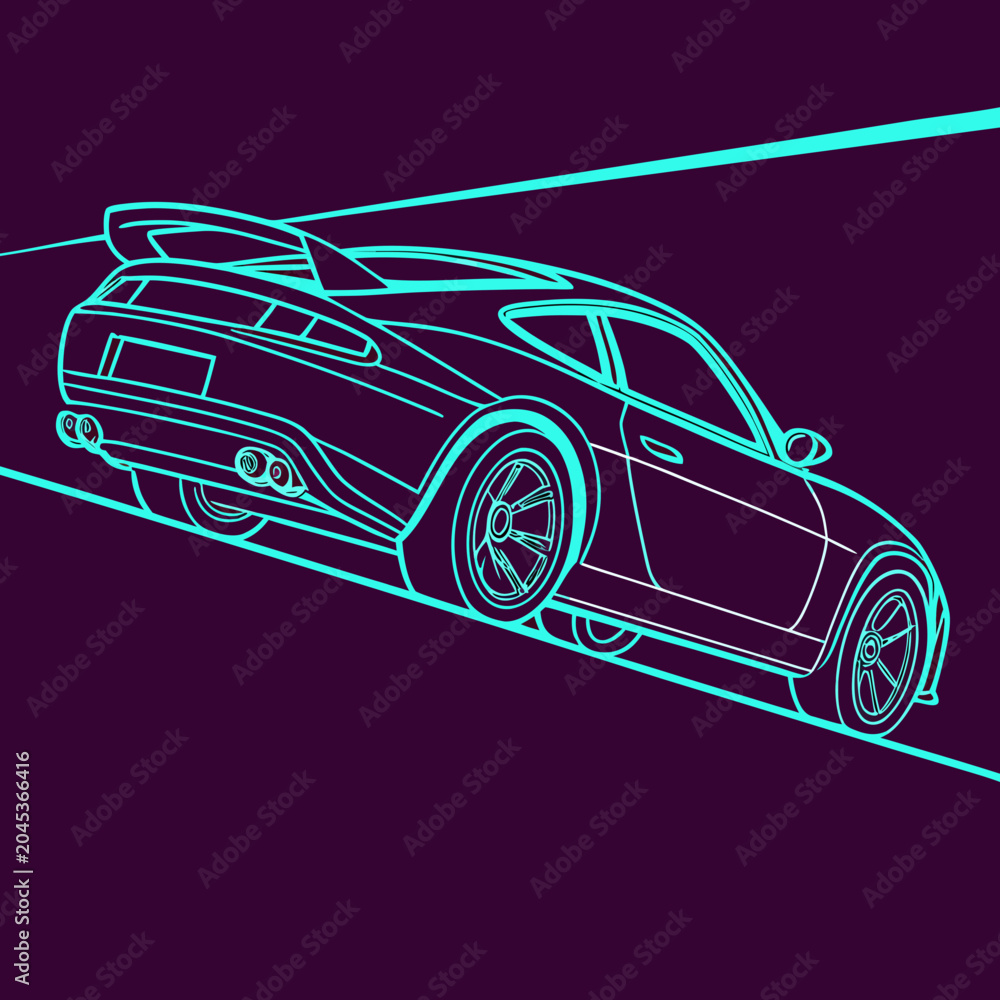 Naklejka premium Dynamic cyan line art illustration of sporty car speeding uphill on abstract road, glowing outline against dark purple background, racing action