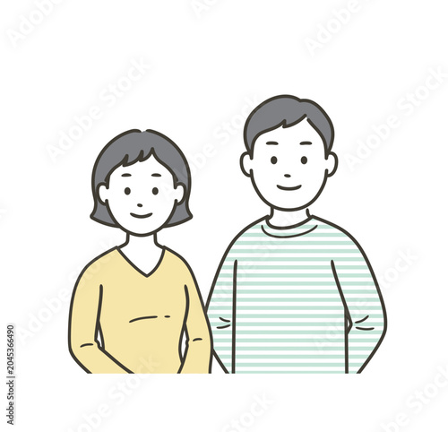 若い夫婦が笑顔で集合した上半身イラスト
