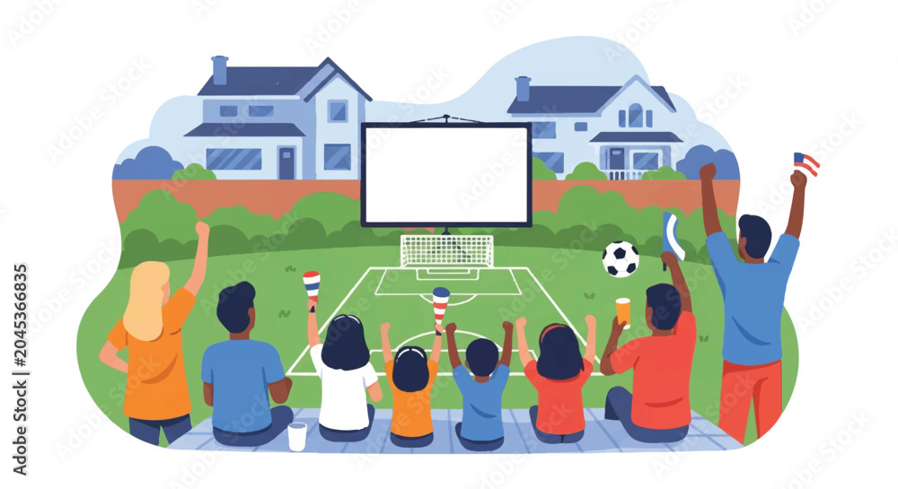 Naklejka premium A diverse multi-ethnic family in a suburban North American backyard watching a soccer match on a white projector screen, cheering with excitement, minimalist flat vector artwork, clipart style,