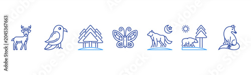 Schilderij op canvas Nature and wildlife icons featuring Deer, Bird, Tree, Butterfly, Wolf, Bear, Fox for nature themes