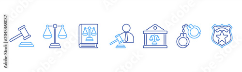 Canvastavla Legal and justice icons featuring Gavel, Scales of Justice, Law Book, Judge, Court, Handcuffs, Police Badge