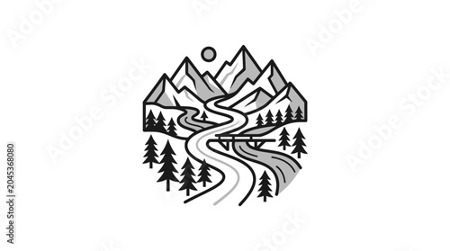 Mountain landscape with river forest and sun icon.