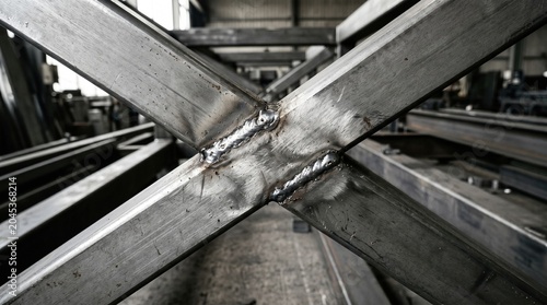 Welded steel crossbeam joint in workshop