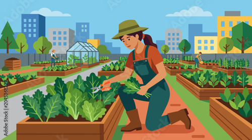 Woman harvesting leafy green vegetables in an urban community garden