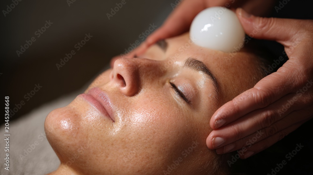 Naklejka premium 60.Close-up scene of a stress ball being squeezed by a womanâ€™s hand during a cosmetic treatment, realistic skin texture, soft lighting, salon atmosphere