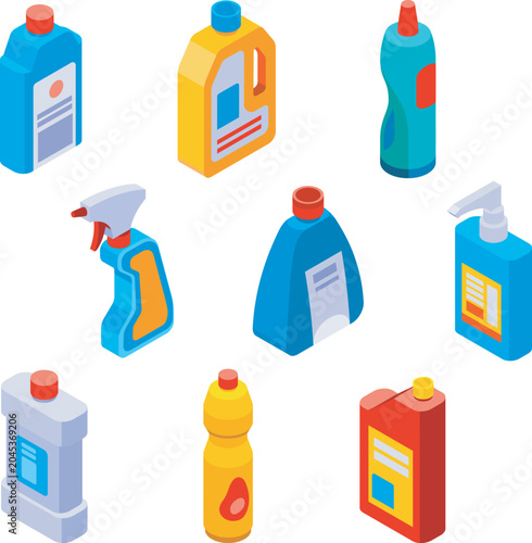 Collection of cleaning and household product bottles, including spray bottles, detergents, and soap dispensers, presented in a clean isometric style