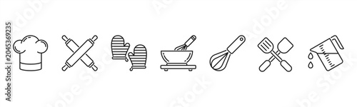 Bild auf Leinwand Cooking and baking icons featuring Chef Hat, Rolling Pin, Oven Mitt, Mixing Bowl, Whisk, Spatula, Measuring Cup