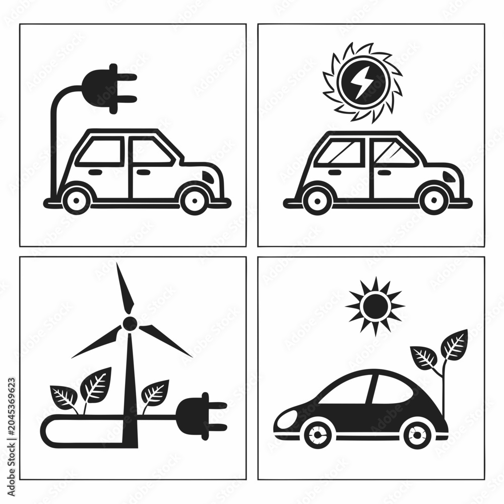 Naklejka premium Collection of ecological transportation icons including electric cars charging plugs wind turbines and solar energy symbols for green environment art