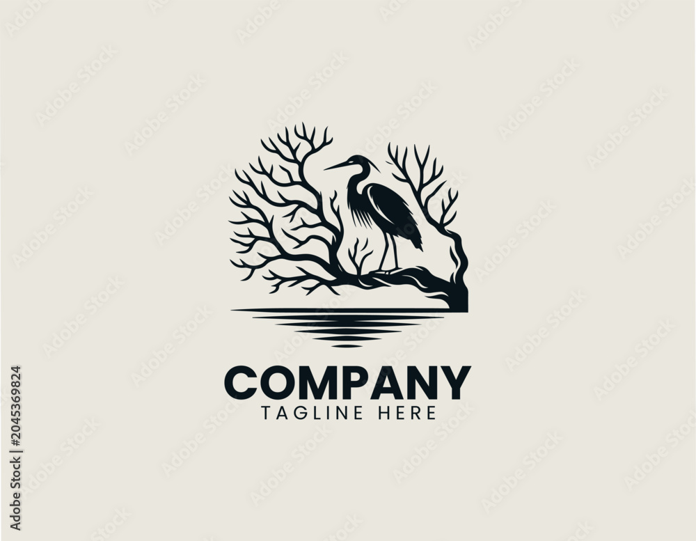 Obraz premium Heron Bird Tree Silhouette Minimalist Black Vector Logo Nature Wildlife Desig