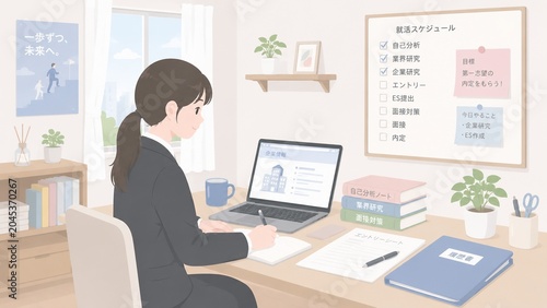就活スケジュール表の前でノートパソコンで企業研究をする女性のイラスト