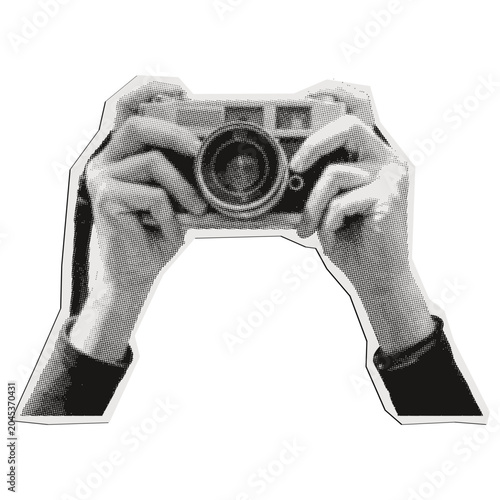 Halftone Hands Holding Vintage Camera