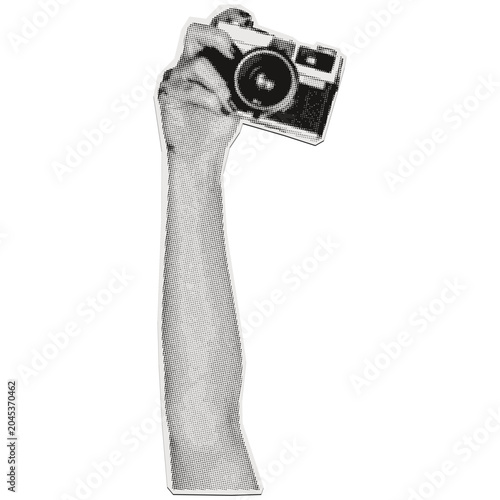 Hand holding vintage camera illustration