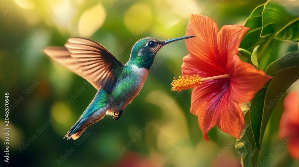 Fototapeta premium close up of hummingbird feeding from tropical flower, generative ai