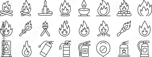 Foto Flame Fire Icon Set with Campfire, Torch, Candle, Barbecue Grill, and Burning Ma
