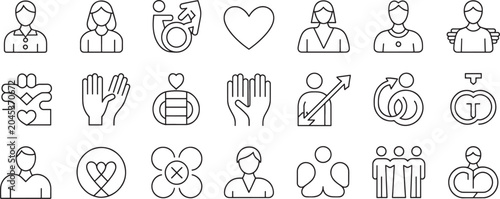 Tableau sur toile Volunteer Icons Set with Line Art People, Hearts, Support, and Charity Symbols f