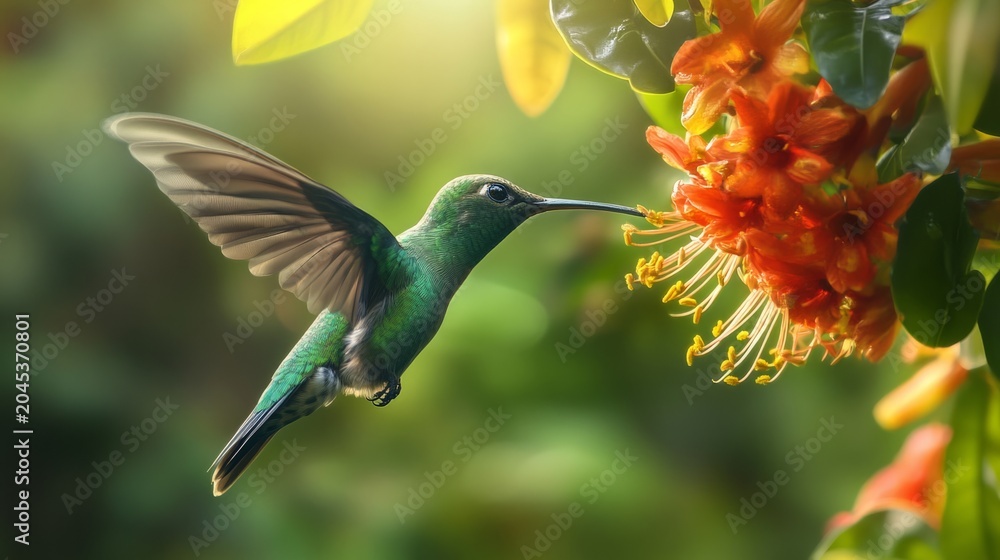 Fototapeta premium close up of hummingbird feeding from tropical flower, generative ai