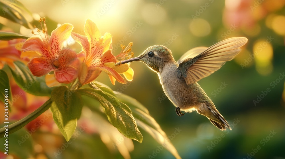 Fototapeta premium close up of hummingbird feeding from tropical flower, generative ai