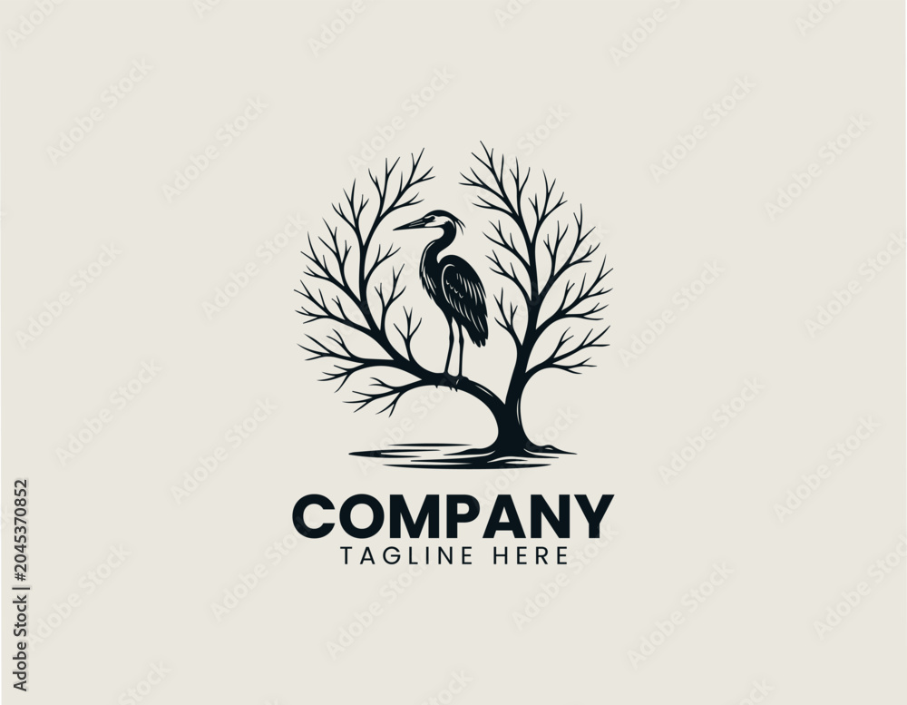 Obraz premium Heron Bird Tree Silhouette Minimalist Black Vector Logo Nature Wildlife Desig
