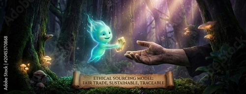 Ethical Sourcing Concept A niche concept Ethical Sourcing Concept A magical nature spirit offers a precious crystal, symbolizing a fair trade, sustainable, and traceable supply chain with