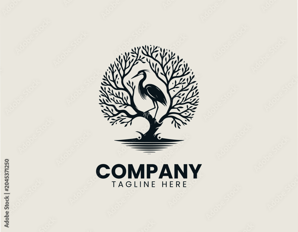 Fototapeta premium Heron Bird Tree Silhouette Minimalist Black Vector Logo Nature Wildlife Desig