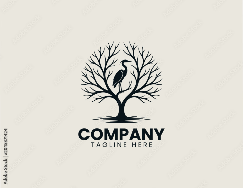 Fototapeta premium Heron Bird Tree Silhouette Minimalist Black Vector Logo Nature Wildlife Desig