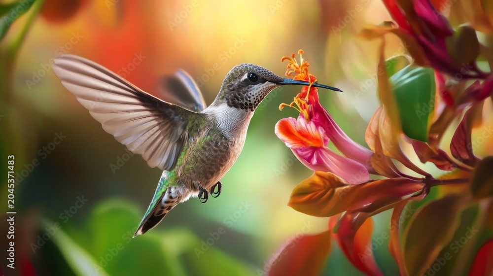 Fototapeta premium close up of hummingbird feeding from tropical flower, generative ai
