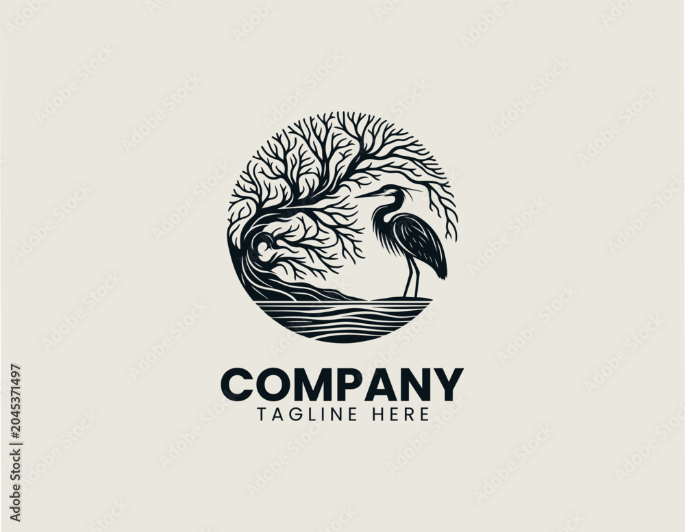 Obraz premium Heron Bird Tree Silhouette Minimalist Black Vector Logo Nature Wildlife Desig