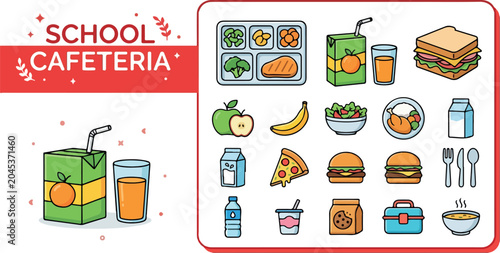 School Cafeteria Food and Drinks Icons, Including Meals, Snacks, and Beverages for Educational Institutions
