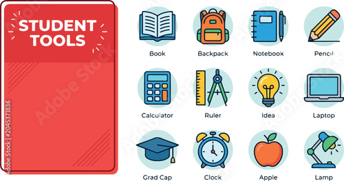 Foto Set of student tools, educational icons, and school supplies for learning and st
