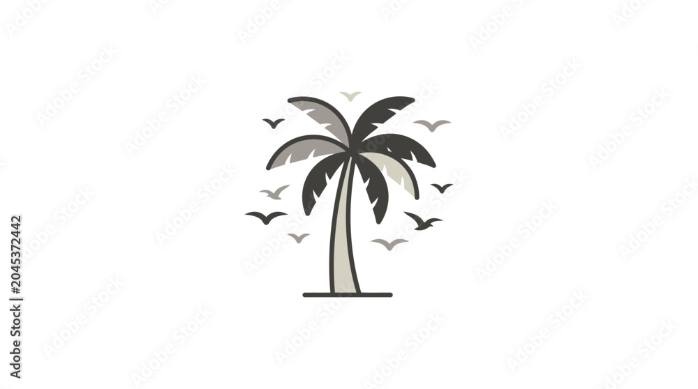 Obraz premium Minimalist palm tree icon with birds in flight.