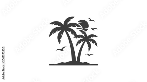 Minimalist tropical palm tree island silhouette icon.