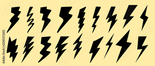 Lightning bolts silhouettes set and electrical thunder strikes. Vector illustration of weather flash symbols, high voltage warning signs, and dynamic power energy icons.