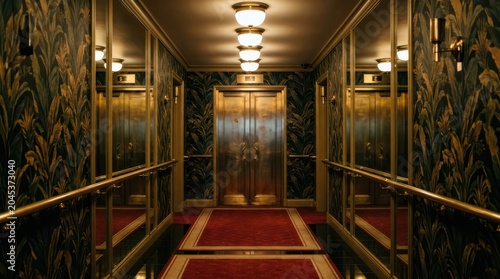 Art deco elevator lobby with mirrored walls and golden accents interior design