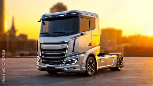 Modern semi truck tractor unit on urban road showcasing commercial transportation and logistics
