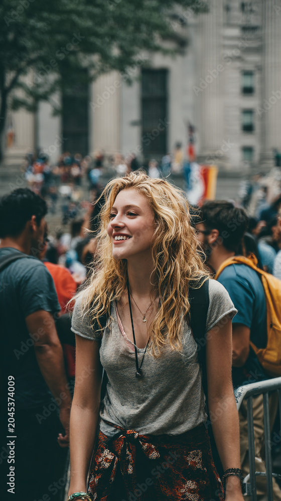 Fototapeta premium Realistic city crowd walk, students bonding, blonde woman joy