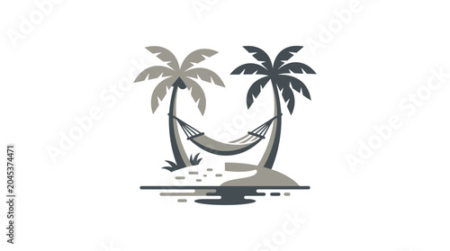 Stylized palm trees with hammock on tropical shore