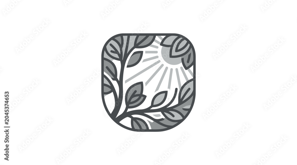 Fototapeta premium Rounded square emblem featuring a leafy branch and sun.