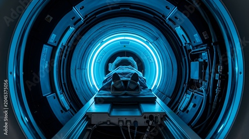 Patient undergoing mri scan in diagnostic medical machine, futuristic concept