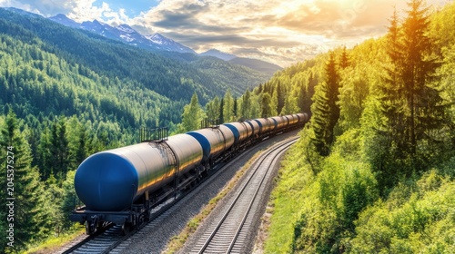 Scenic Train Transporting Oil Through Lush Landscape