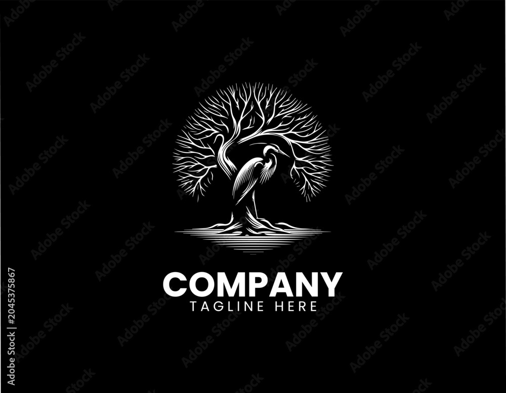 Obraz premium Heron Bird Tree Silhouette Minimalist Black Vector Logo Nature Wildlife Desig