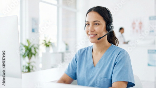 Healthcare professional providing customer service with headset in bright clinic office for patient support or telehealth assistance