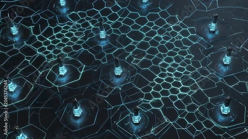 Futuristic hexagonal grid of glowing blue micro towers illuminates, signifying seamless 5g small cell network coverage expanding and overlapping in a dynamic, interconnected